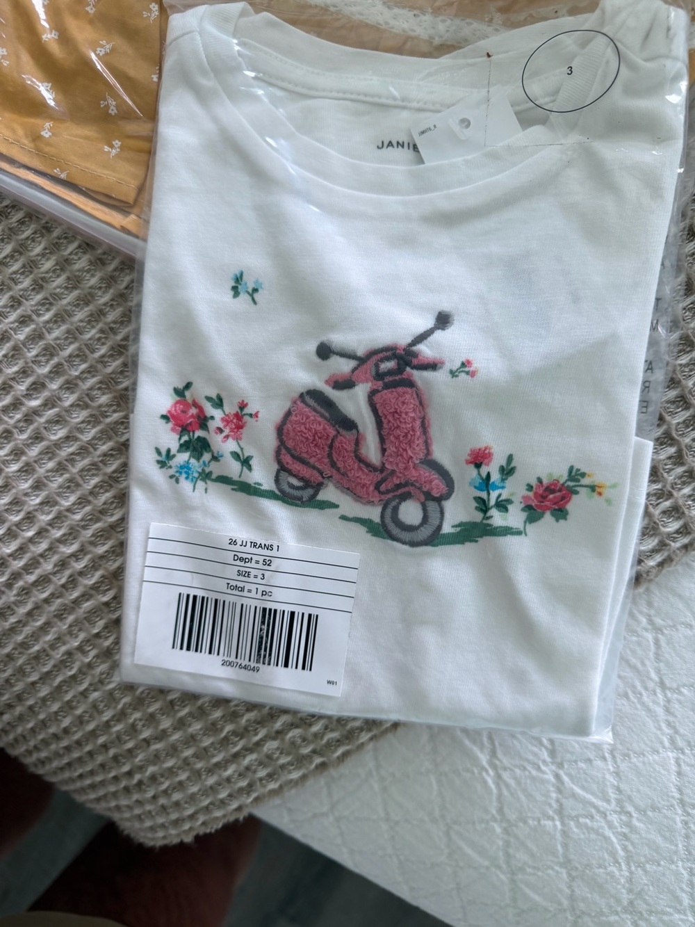 Janie and Jack White Tee with Pink Scooter Embroidery size 3, new with tags